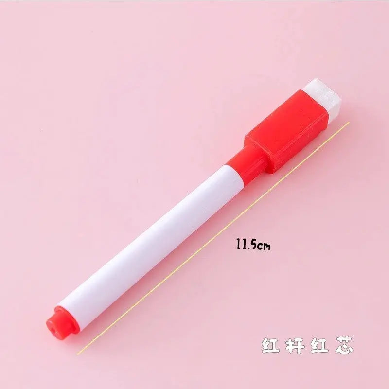 Whiteboard marker with built-in eraser, red cap and white barrel, 11.5 cm long