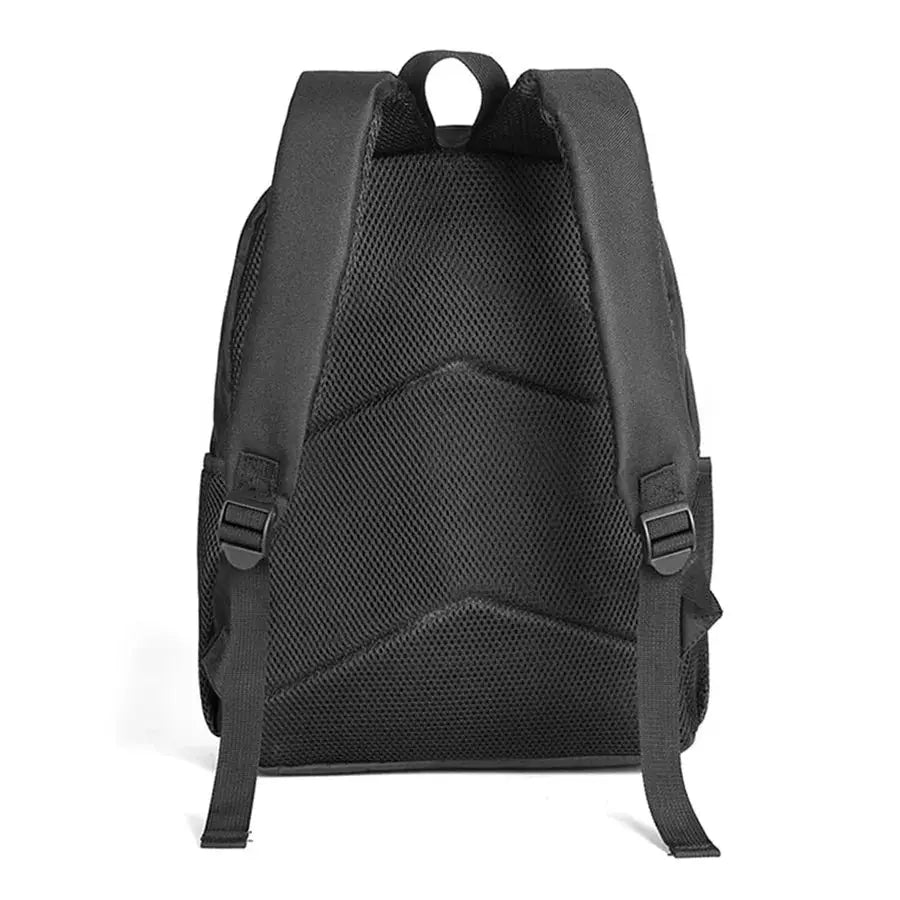 Simples Market kids backpack back view, black, padded mesh back, adjustable shoulder straps