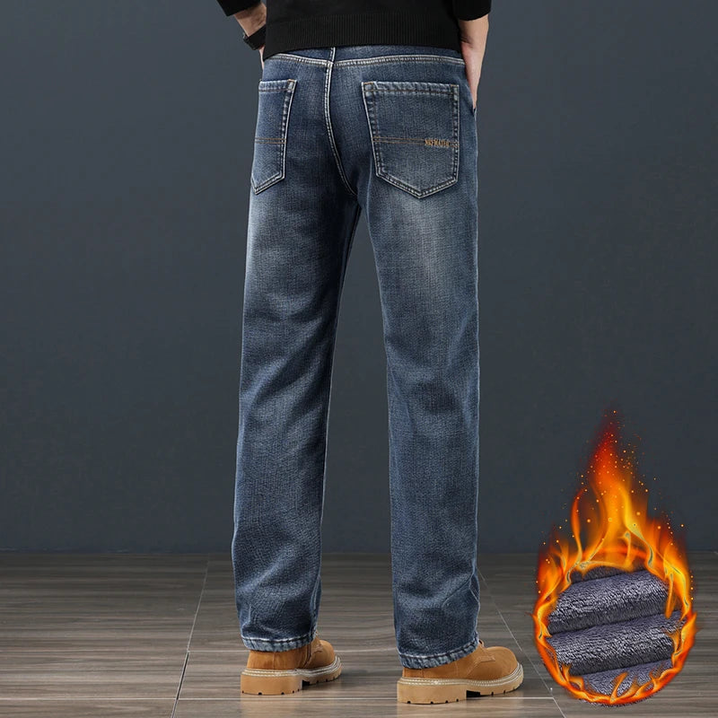 Winter Fleece Men Jeans Loose Straight Fit Warm Denim Pants 42 44