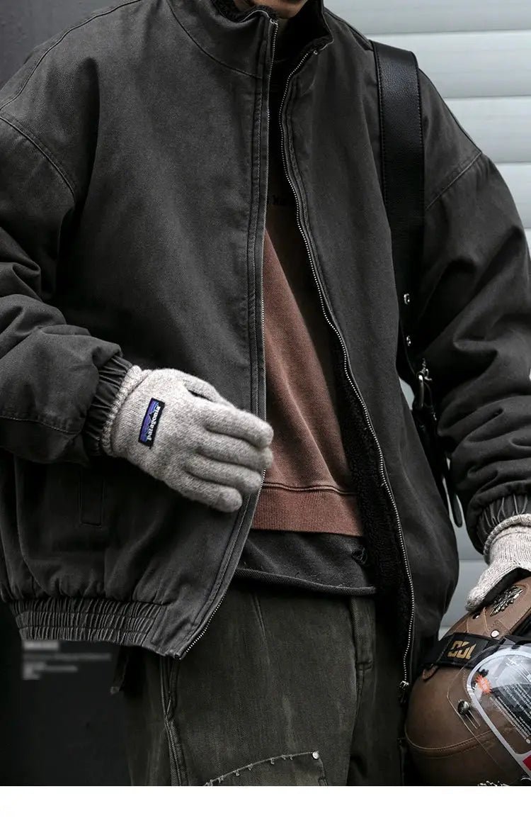 Simples Market polar fleece jacket for men, black thick zip-front winter coat with elastic cuffs and casual fit
