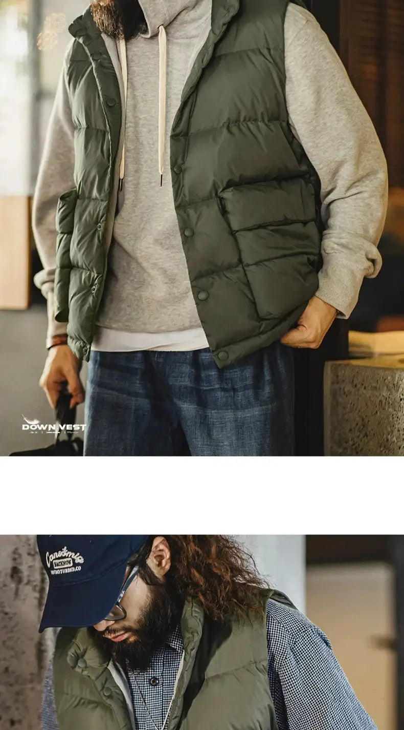 Maden men's olive green down vest with white duck-down filling, thick padded stand-up collar, double side pockets