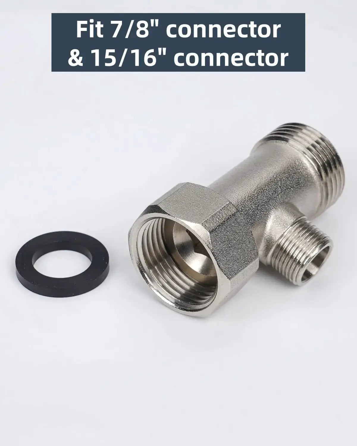 T-valve adapter, brass, with 3/8, 1/2 and 9/16 in threads and rubber washer