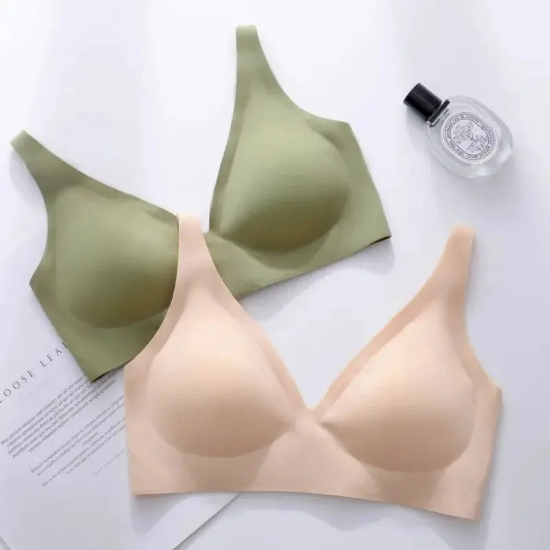 Simples Market Push-Up Seamless Bras, non-wire V-neck bralettes with removable pads, olive green and nude, 2-pack.