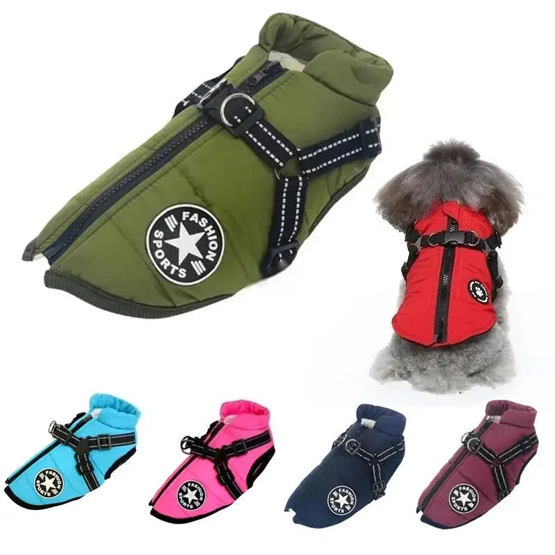 Large dog jacket with harness; six color options shown (olive green, red, blue, pink, navy, purple).