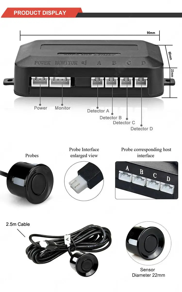 Car reverse radar kit with 4 sensors, LED distance display, sound warning, black Simples Market