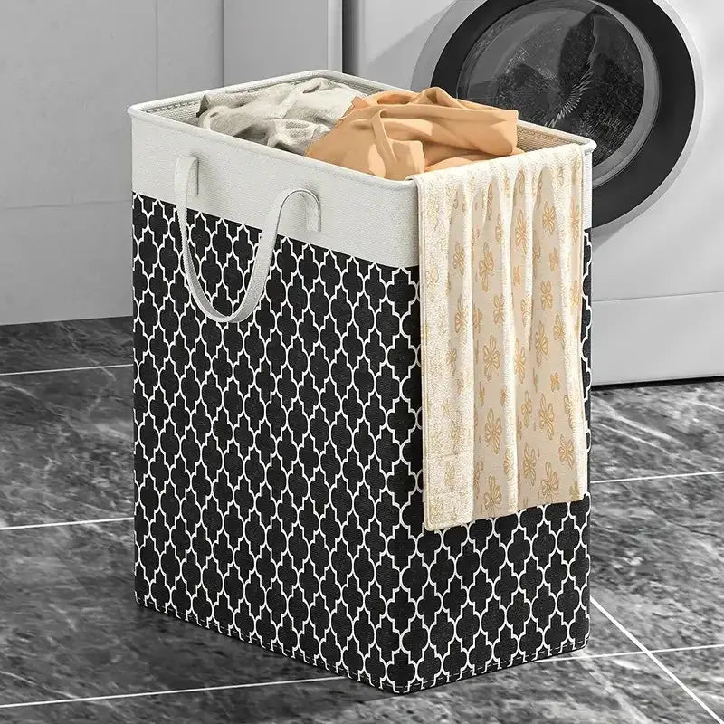 Simples Market waterproof fabric laundry basket with black trellis pattern and white top, foldable, large capacity