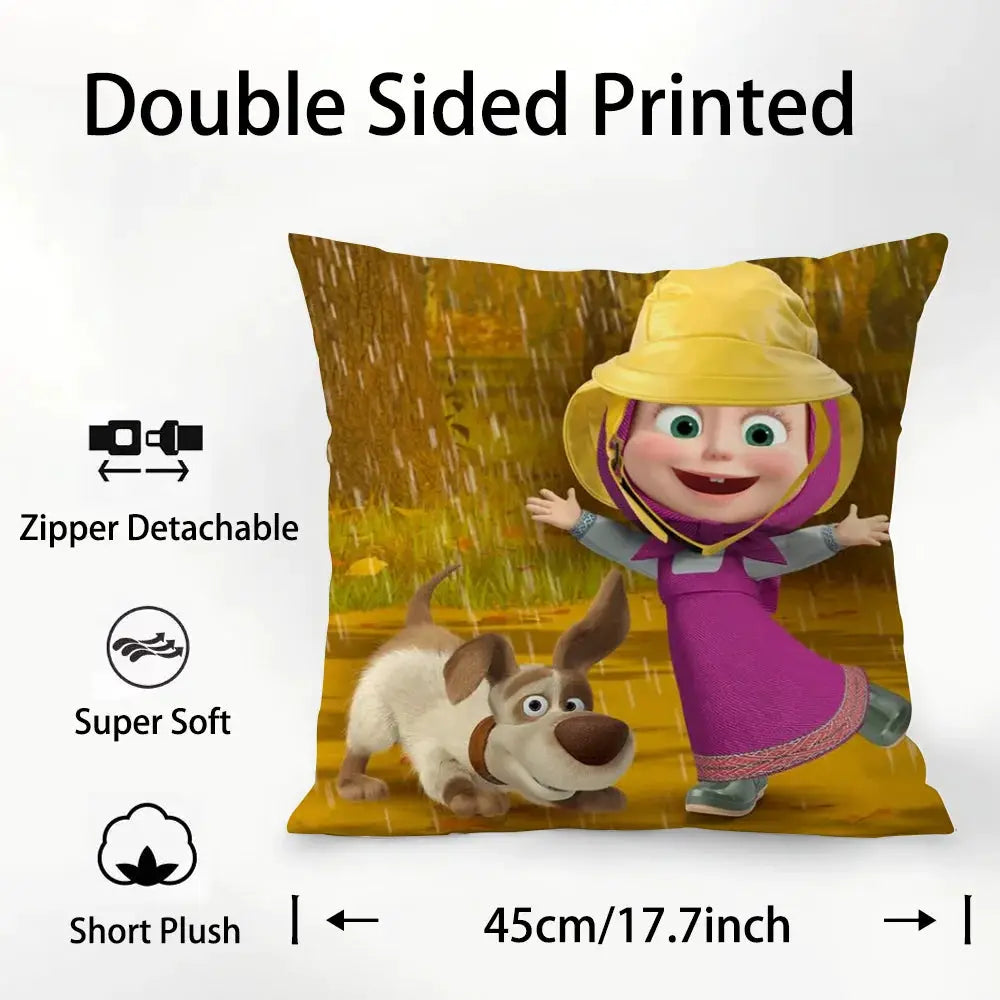 Simples Market M-Masha and B-Bears pillow case, double-sided print, soft short-plush fabric, detachable zipper, 45cm