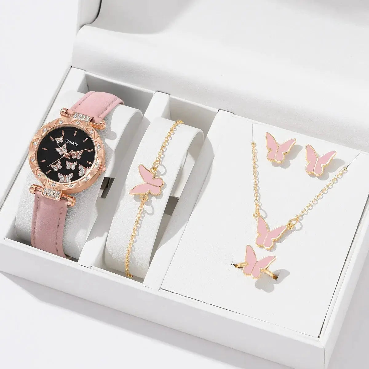 Butterfly Lane Watch Set Leather Strap Quartz Wristwatch With Matching Ring Necklace Earrings Bracelet
