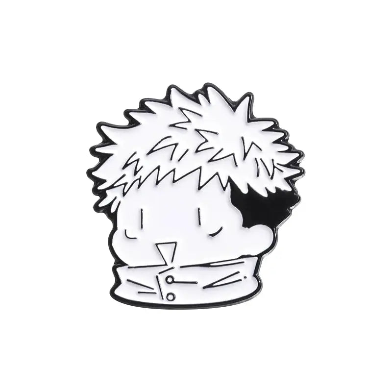 Cartoon enamel pin: white-haired, closed-eyes character with scarf, black outline.