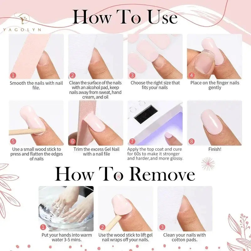 Gel nail wraps set with pink full-cover tips for DIY manicure; step-by-step usage and removal guide.