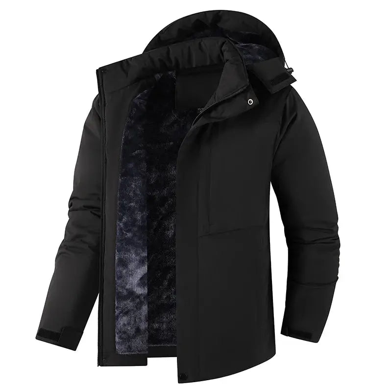 Winter men's black waterproof parka jacket with plush fleece lining and hood, Simples Market