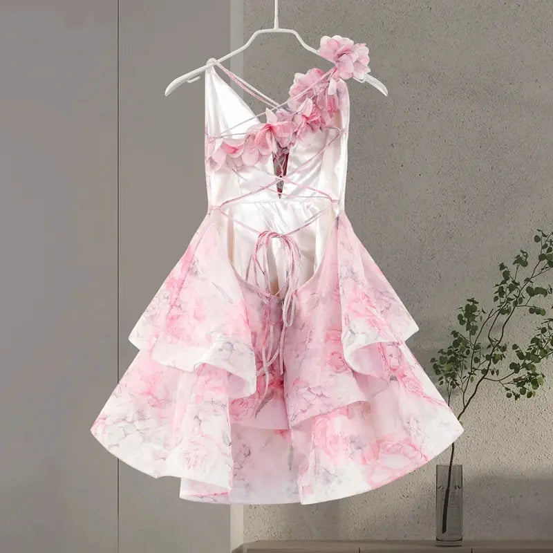 Floral Printed Backless Mini Dress Sleeveless A Line Party Clubwear
