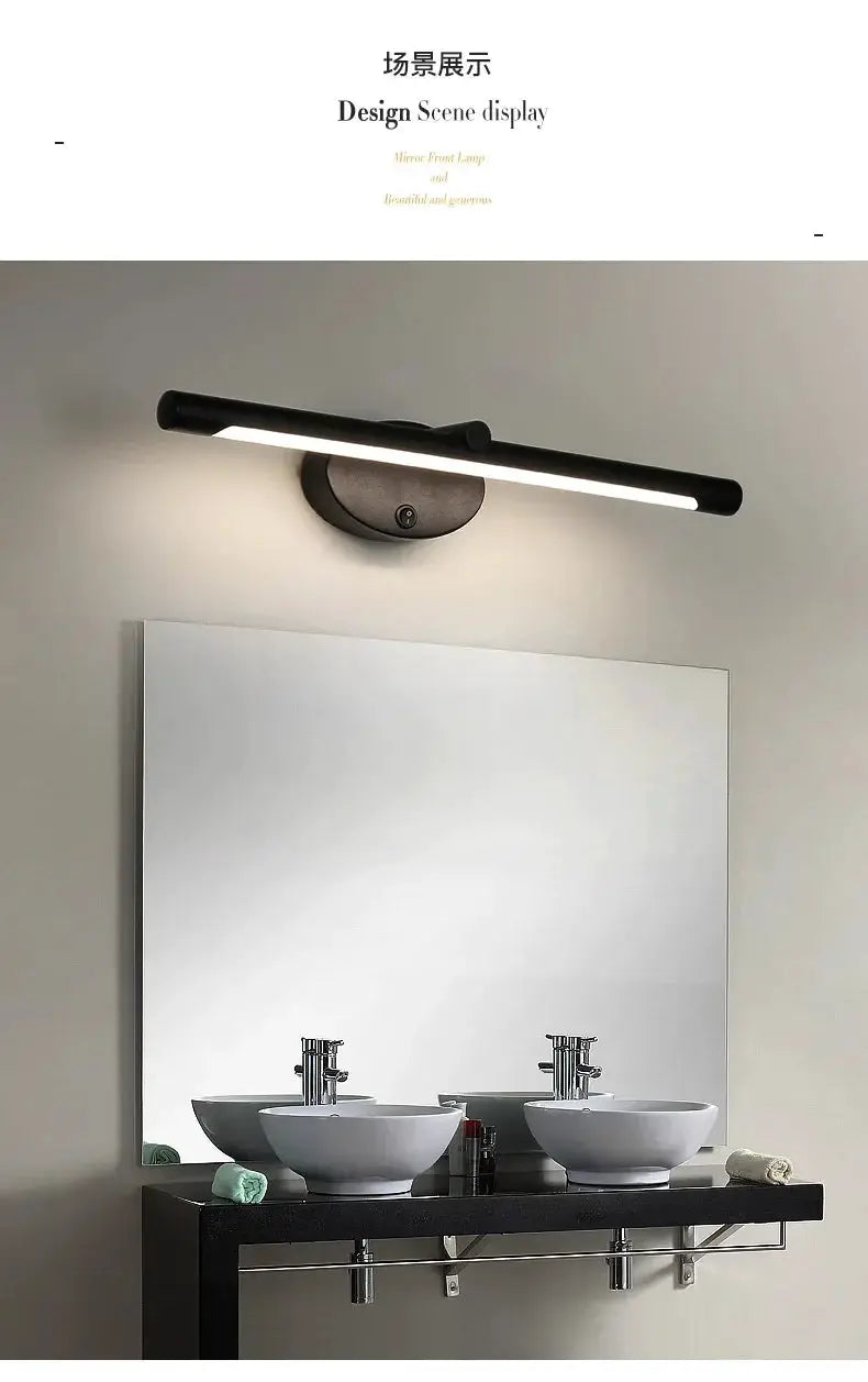 Modern LED bathroom wall lamp with touch switch, black metal bar above a double-sink vanity mirror