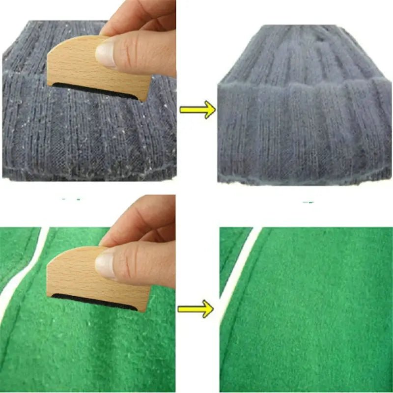Simples Market wooden lint remover shaver for sweaters; portable manual tool removes lint from gray and green knits.