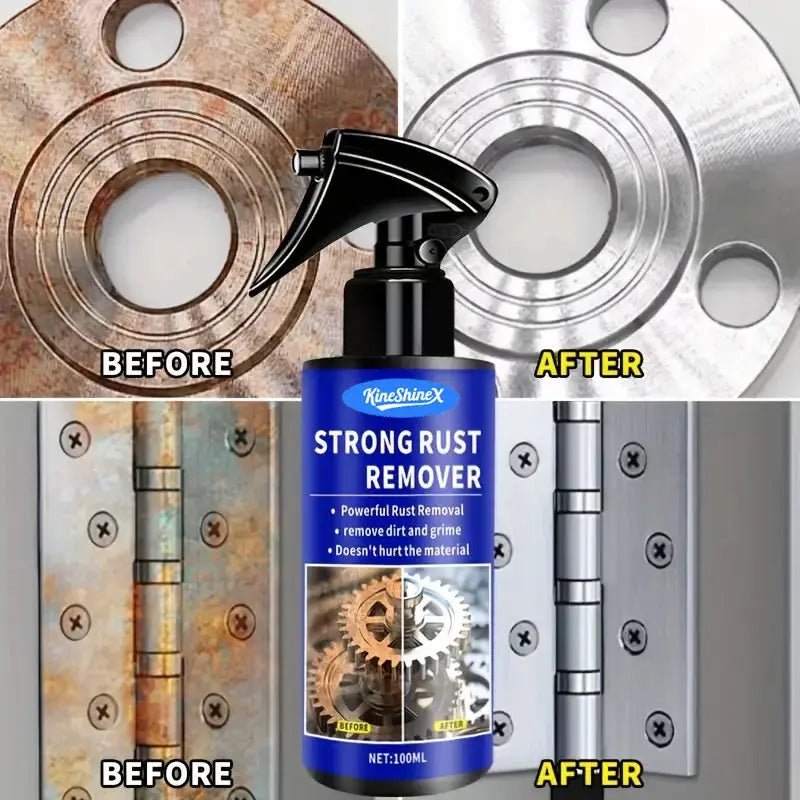 Strong Rust Remover spray bottle; blue container, KineShineX brand, shows before/after rust on metal gears