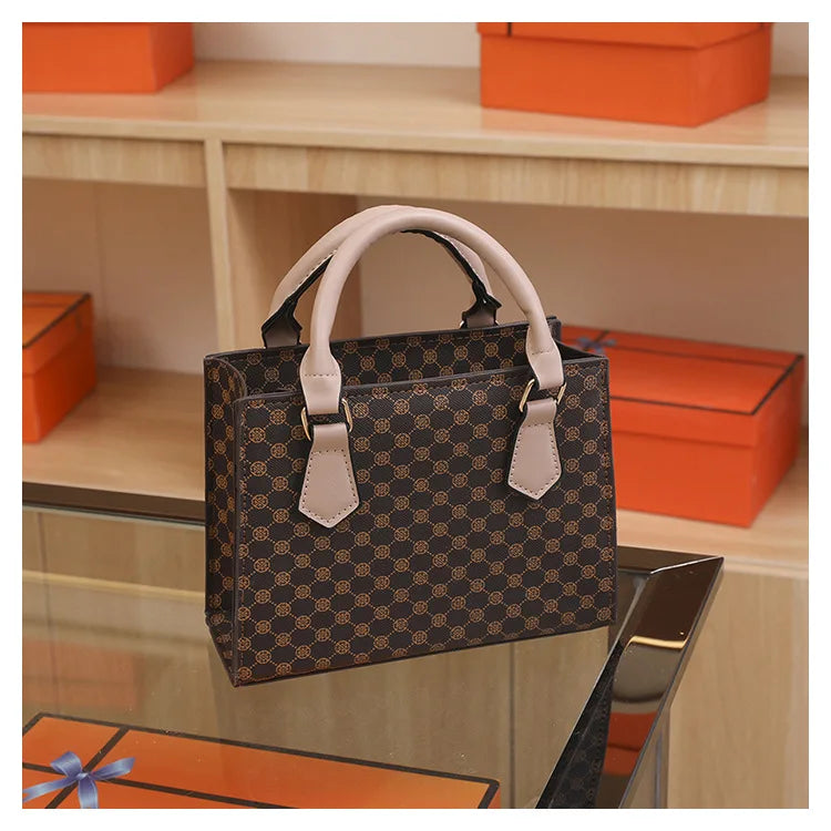 Square top-handle handbag in dark brown plaid PU leather with cream handles