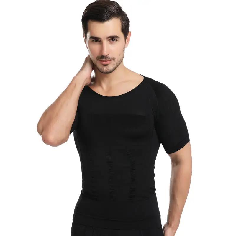 Men's black seamless compression undershirt body shaper with short sleeves.