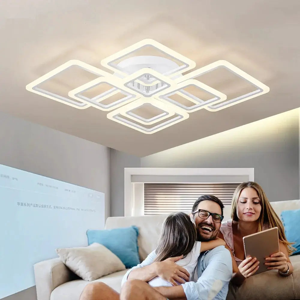 Nordic Pendant Light by Simples Market; modern square LED ceiling chandelier in white for living room.
