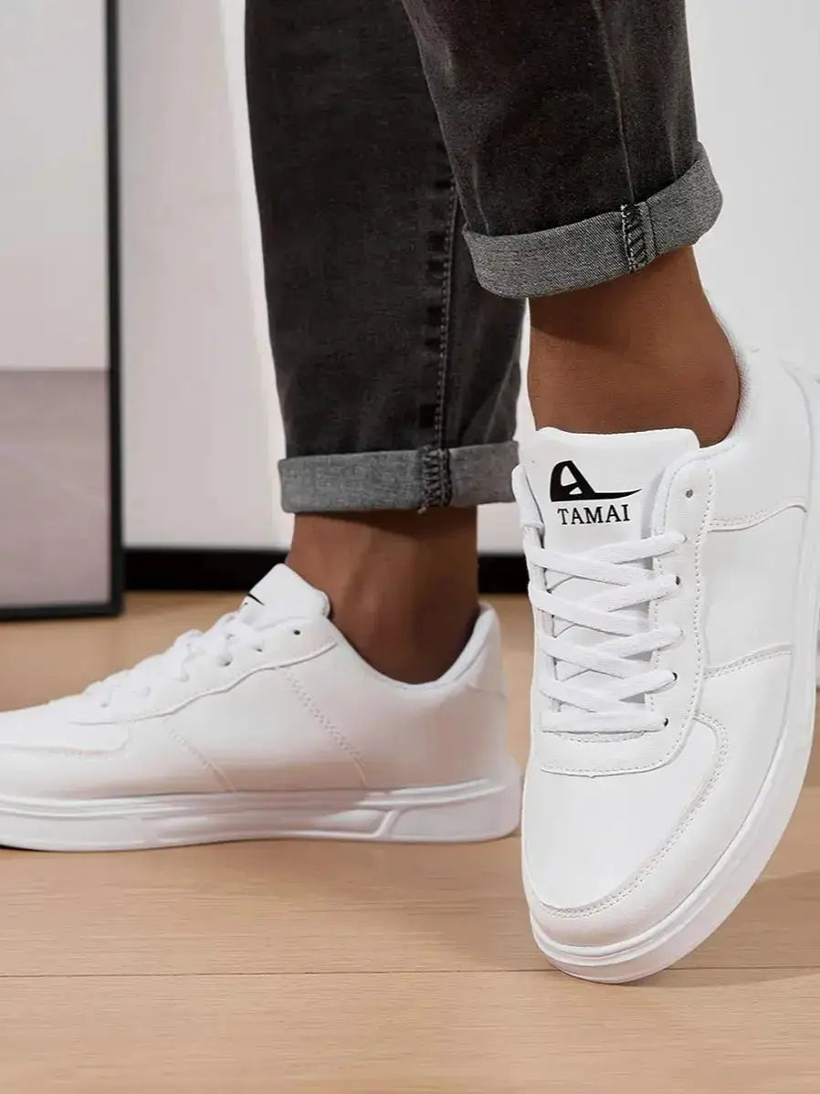 Leather men's white sneakers with TAMAI logo and lace-up closure