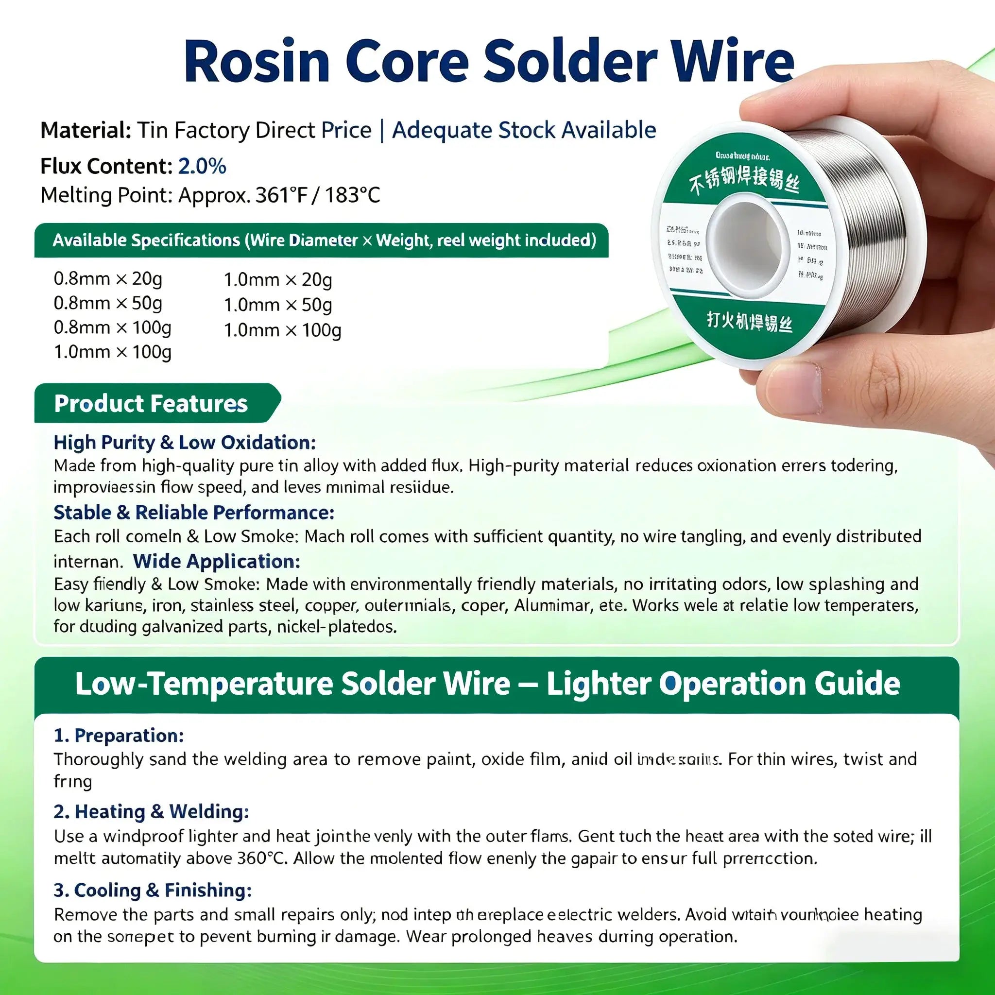 Rosin Core Solder Wire 0.8mm 1.0mm No Clean Flux 2.0 Percent Flux For Electronics DIY 20g 50g 100g