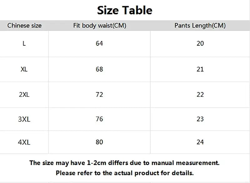 Men's boxer shorts size table by Simples Market showing Chinese sizes L–4XL with waist and pant length.