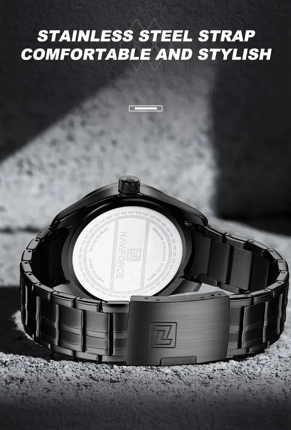 NAVIFORCE men's stainless steel watch with black bracelet and deployment clasp, back view showing NAVIFORCE logo.