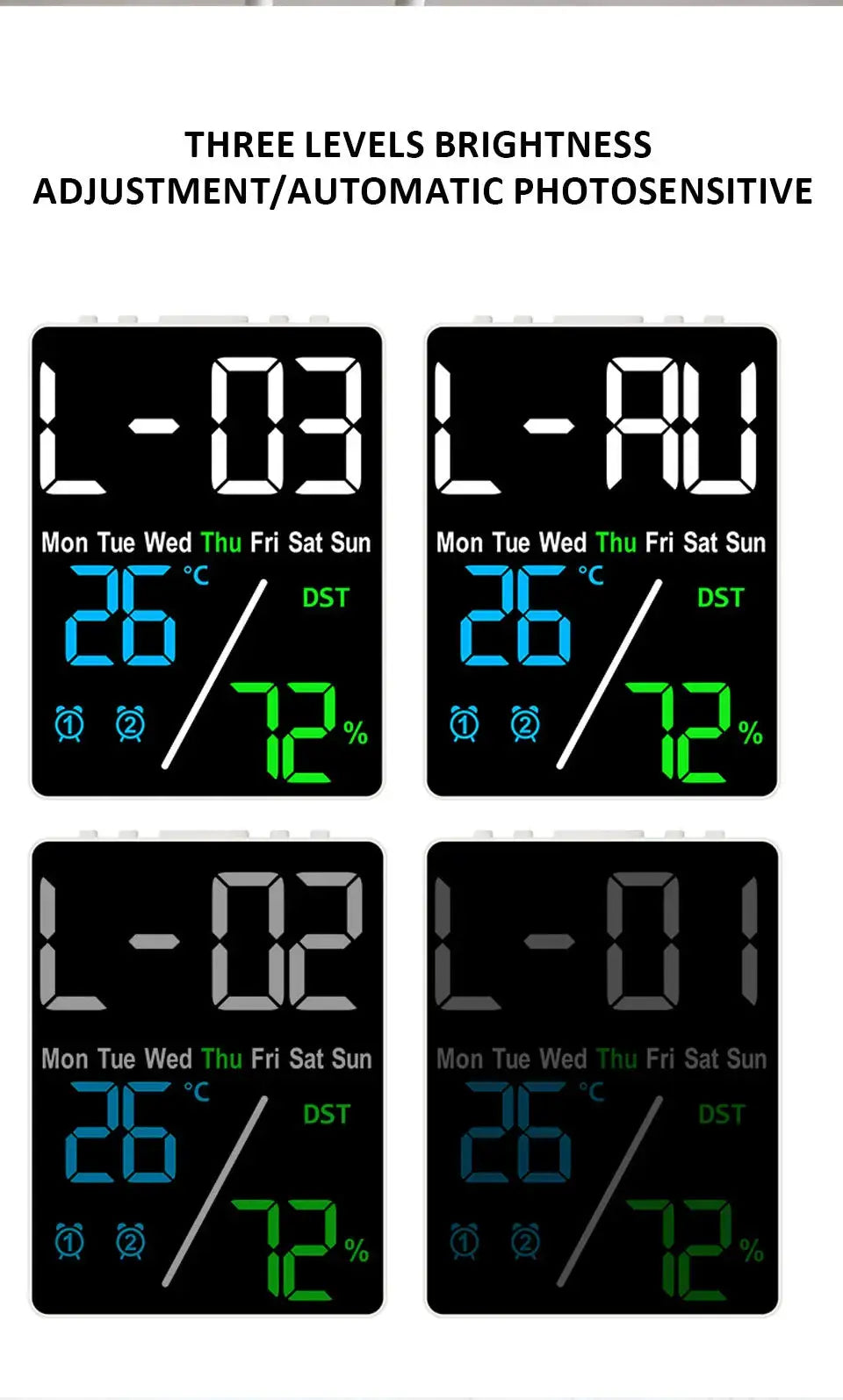 Four Simples Market large-screen digital alarm clocks with humidity display and adjustable brightness for desktop use.