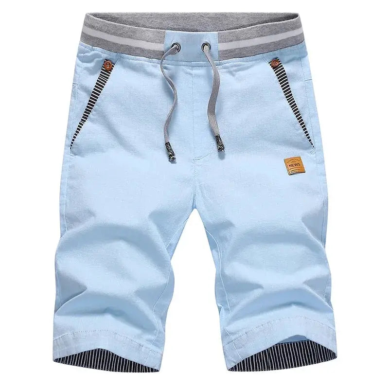 Simples Market 3/4 length men's shorts, light blue, quick-dry nylon, drawstring waist, striped hem detail