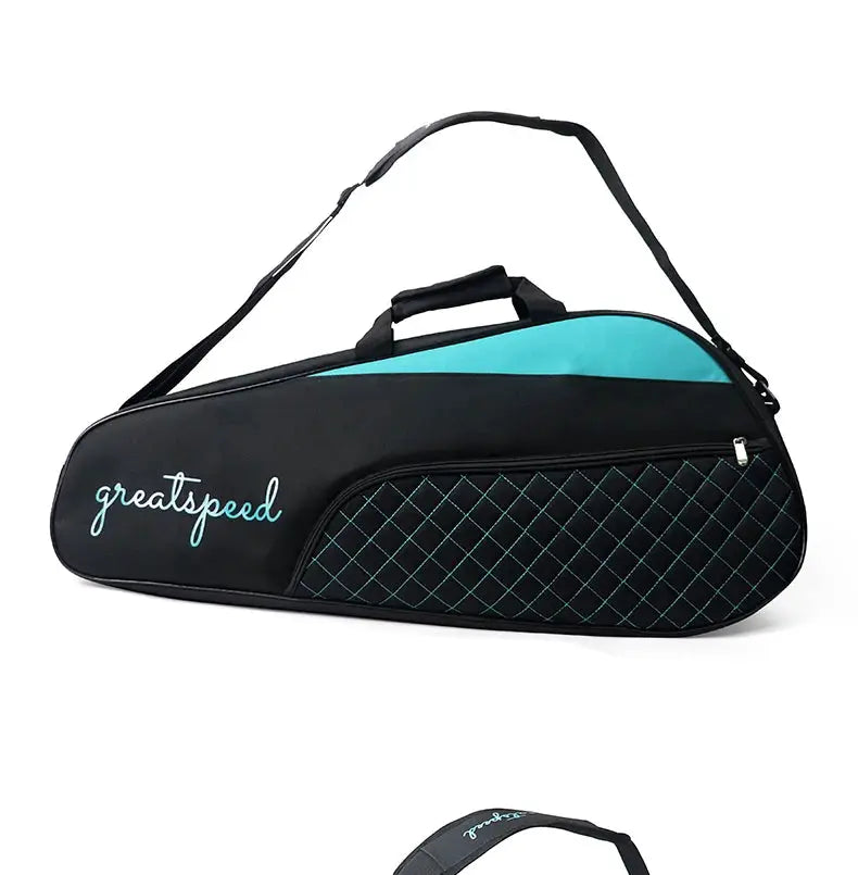 Greatspeed racket bag by Simples Market, black with turquoise panel and diamond-quilted side pocket, single-strap carry