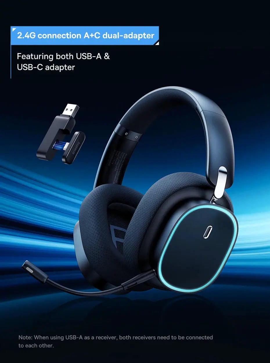 Baseus GH02 gaming wireless over-ear headset with mic, blue RGB glow, includes USB-A/C dual adapter and dongle