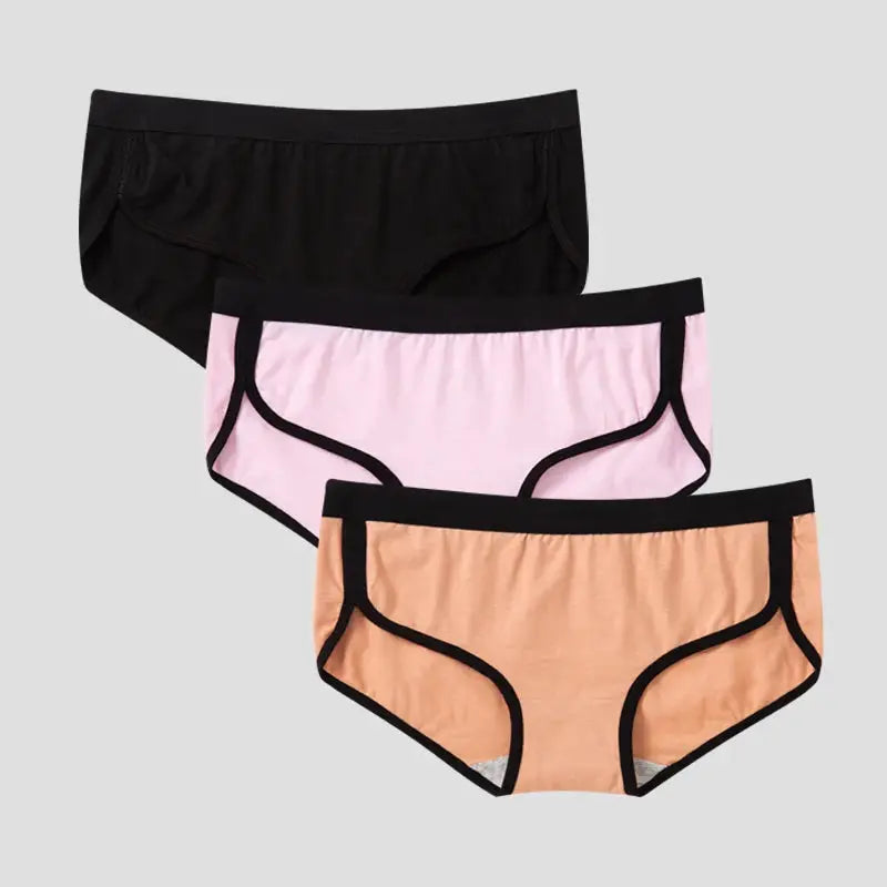 BANNIROU 3Pcs women's briefs in black, pink, and peach with black trim; cotton, low-rise, breathable