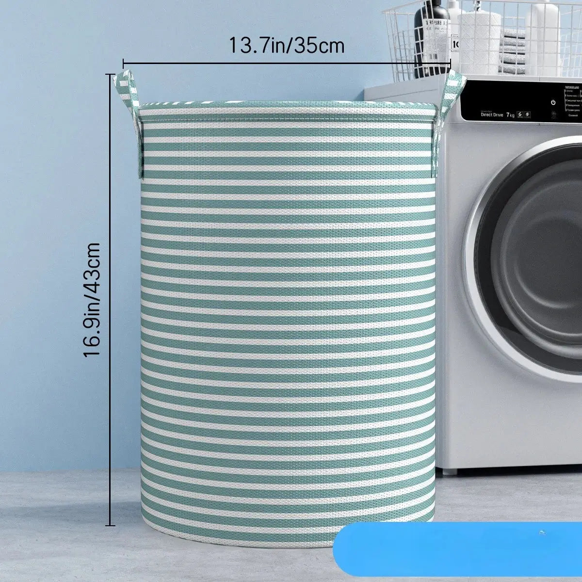 Foldable striped laundry basket in teal and white; collapsible storage organizer.