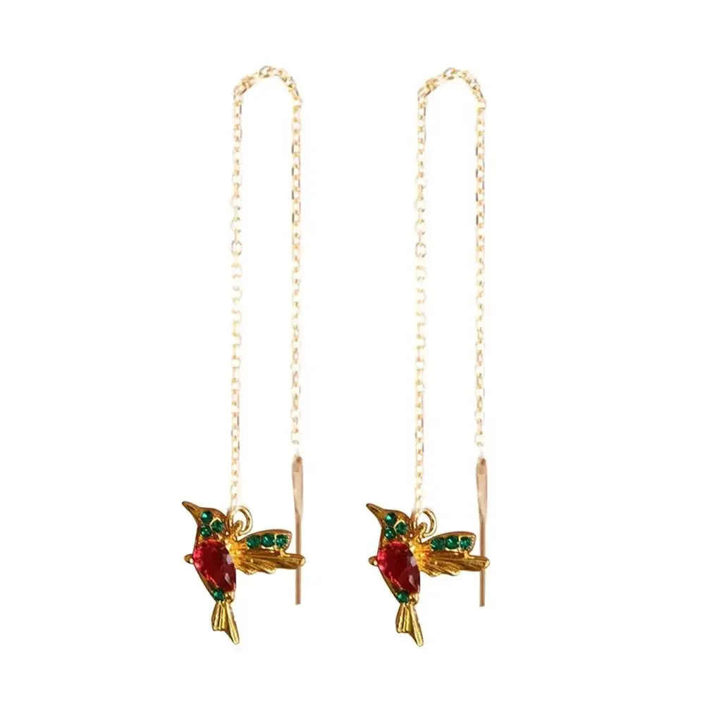 Hummingbird Red CZ Long Drop Earrings For Women Gold Tone Metal Wing Spreading Wedding Party Jewelry