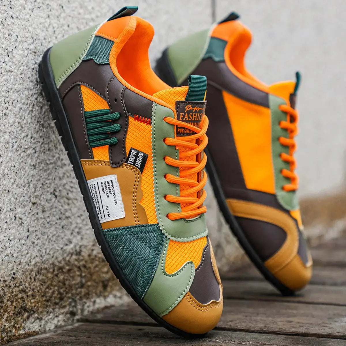 Simples Market men's casual hiking sneakers, orange green brown color-block design, pair