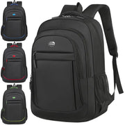 Black large-capacity backpack with front zip pockets and mesh side pocket; blue, red, or green accent variants shown
