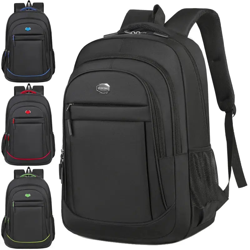 Black large-capacity backpack with front zip pockets and mesh side pocket; blue, red, or green accent variants shown