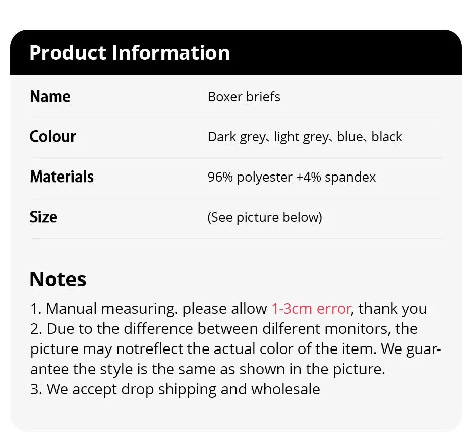 Men's boxer briefs by Simples Market; colors dark grey, light grey, blue, black; 96% polyester + 4% spandex