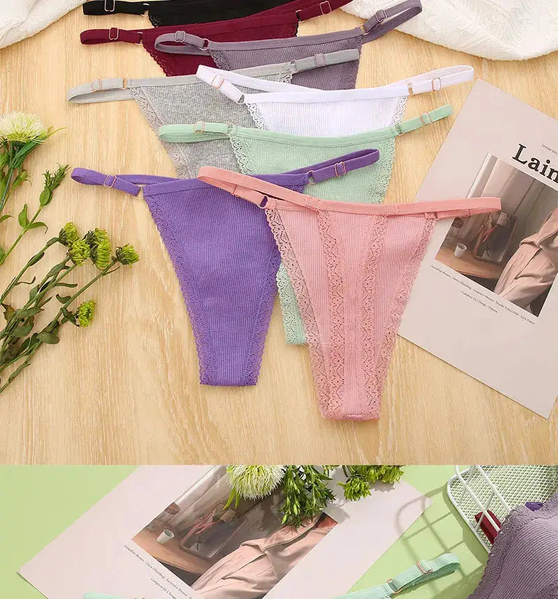 5-piece cotton G-string panty set in assorted pastels with lace trim and adjustable waist