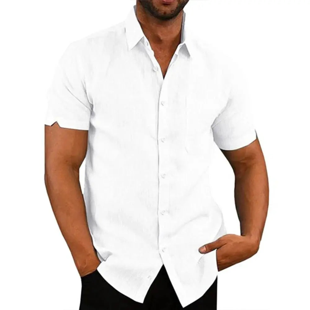 Cotton linen men's short-sleeve shirt in white with turn-down collar