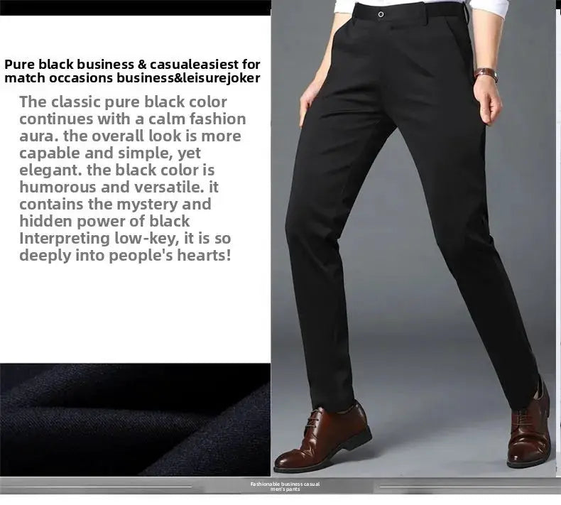 Elastic waist dress pants for men in black, wrinkle-resistant slim-fit office trousers