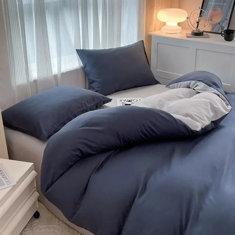 Simples Market blue brush-fabric 4-piece bed set with duvet cover, pillowcases and sheets on bed