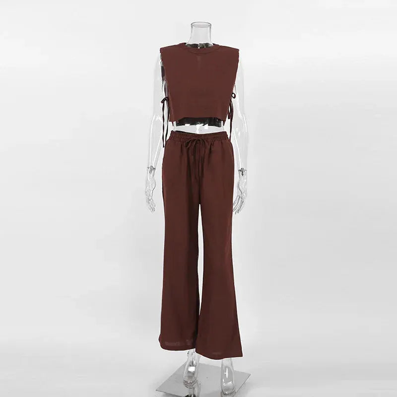 Linen Two Piece Pant Set With Crop Top For Women Spring Summer 2025