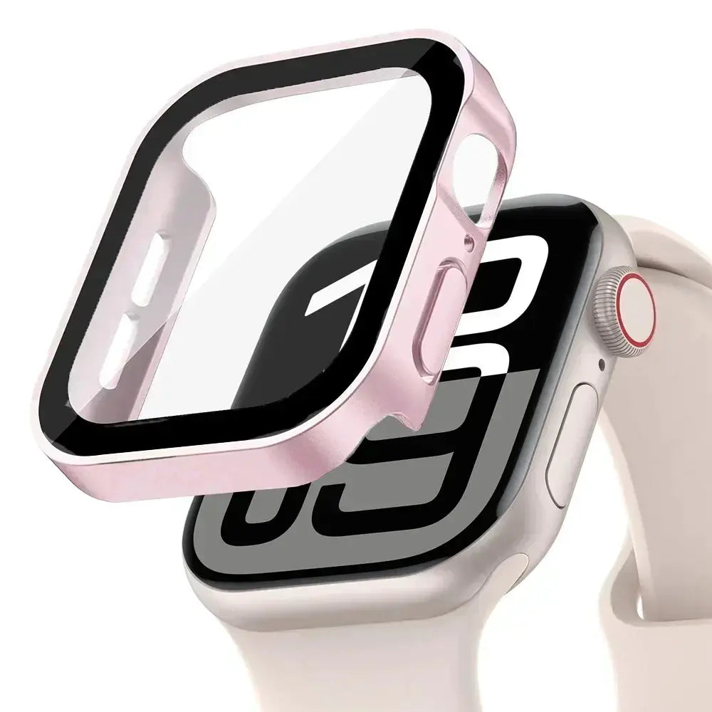 Simples Market Apple Watch tempered glass screen protector with pink PC bumper, fits 40–46mm Series 4–9 SE