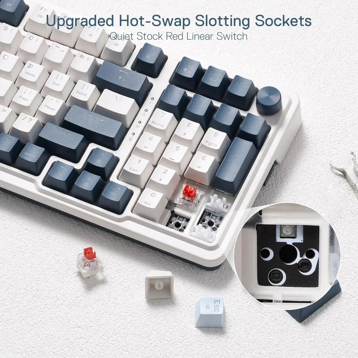Redragon K686 PRO style mechanical keyboard with blue and white keycaps and visible hot-swap sockets