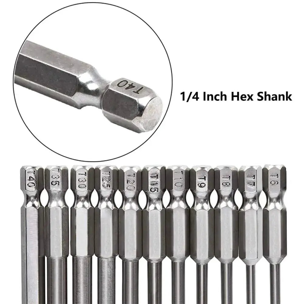12pc Hollow Plum Blossom Screwdriver Bits 50mm Long S2 Steel Hex Shank for Woodworking Drill Set