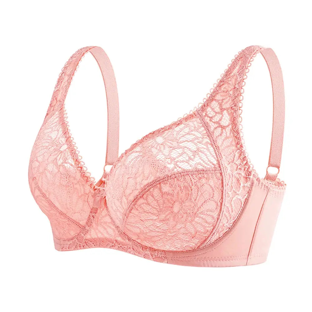 Plus size pink lace bra with floral lace cups for women