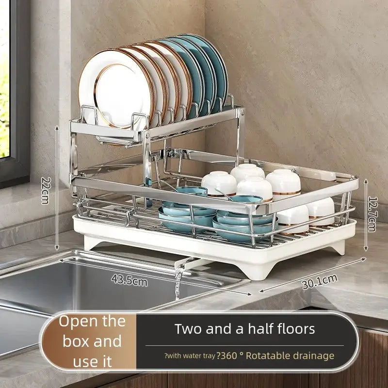 Stainless steel two-tier kitchen dish rack with draining tray for bowls and plates by Simples Market