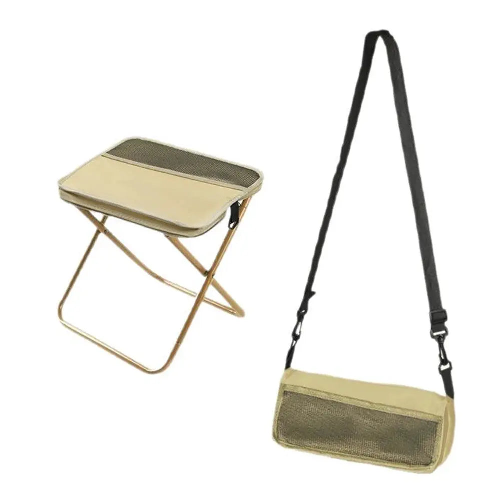Two-piece beige folding camping stool and matching shoulder bag with mesh pocket; portable outdoor seating set.