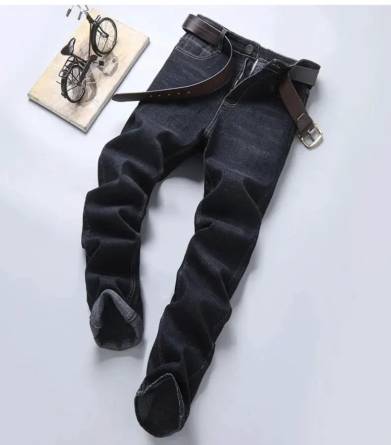 Men's dark blue denim straight jeans with brown belt, stretch slim fit