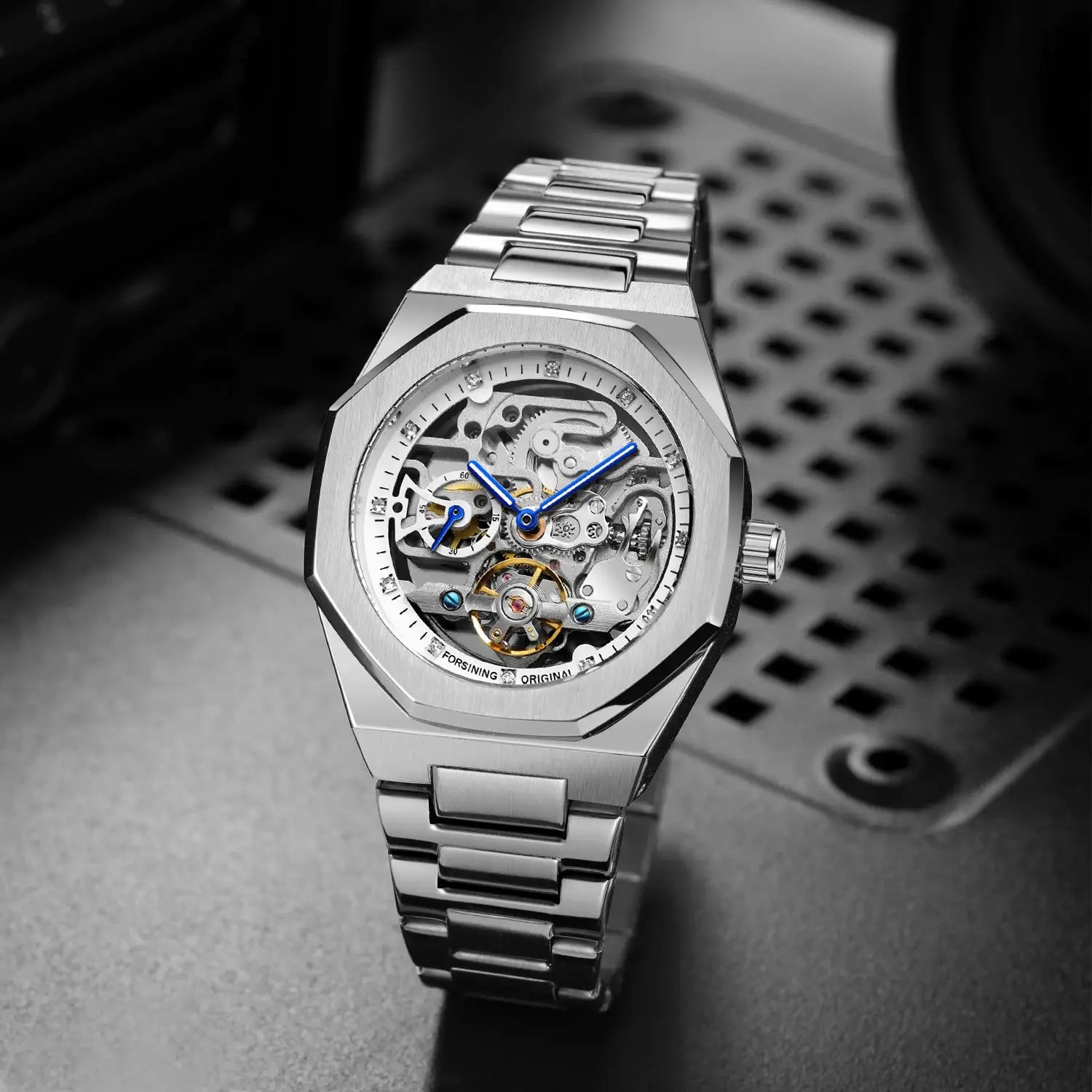 Forsining skeleton automatic men's watch with stainless steel bracelet and blue luminous hands